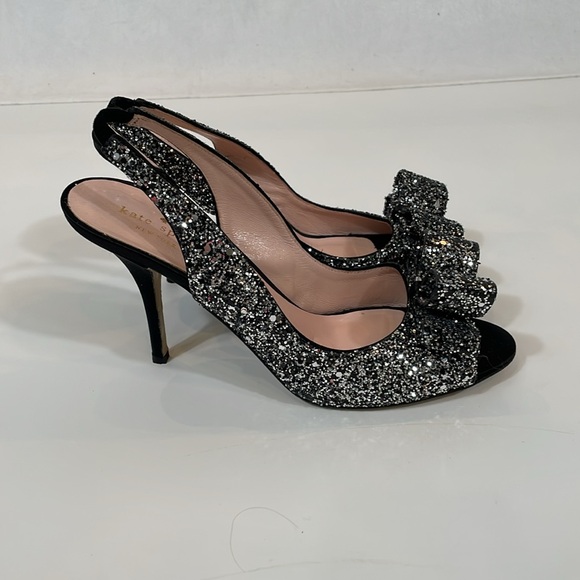 Kate Spade Glitter New York Heels Sandal Size 9.5 Black Silver Bow EUC - Picture 3 of 9
